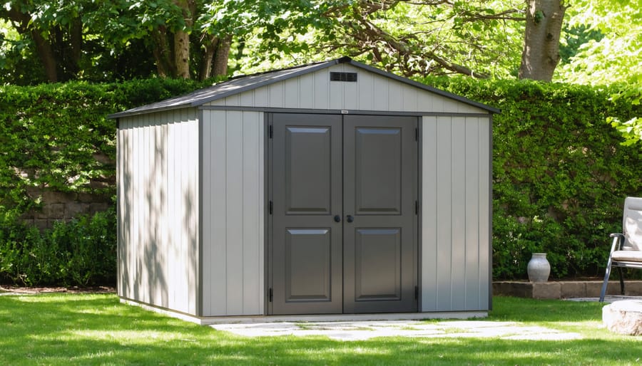 A premium quality storage shed displaying construction details such as reinforced hinges, durable roofing, and strategic ventilation in a picturesque backyard setting.