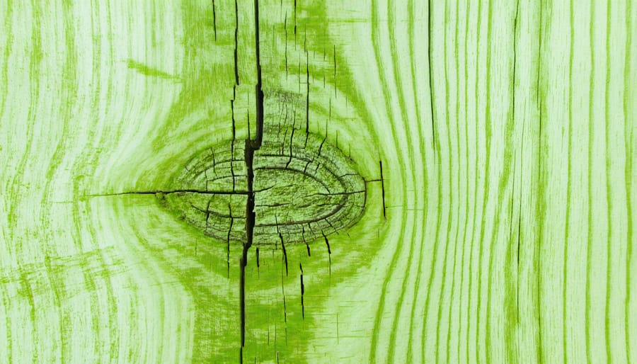 Close-up view of pressure-treated lumber showing characteristic green color and treatment depth
