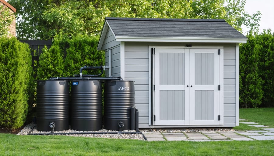 Home rainwater collection system showing barrels, gutters, and filtration setup