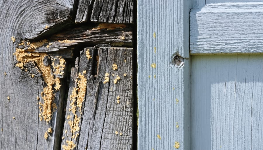 Close-up showing varying stages of wood rot on a shed corner, contrasted with healthy wood, highlighting discoloration, soft texture, and fungal growth.