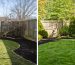 Split-screen image showing a backyard before and after seasonal cleanup, contrasting a winter-damaged yard with a vibrant spring garden.