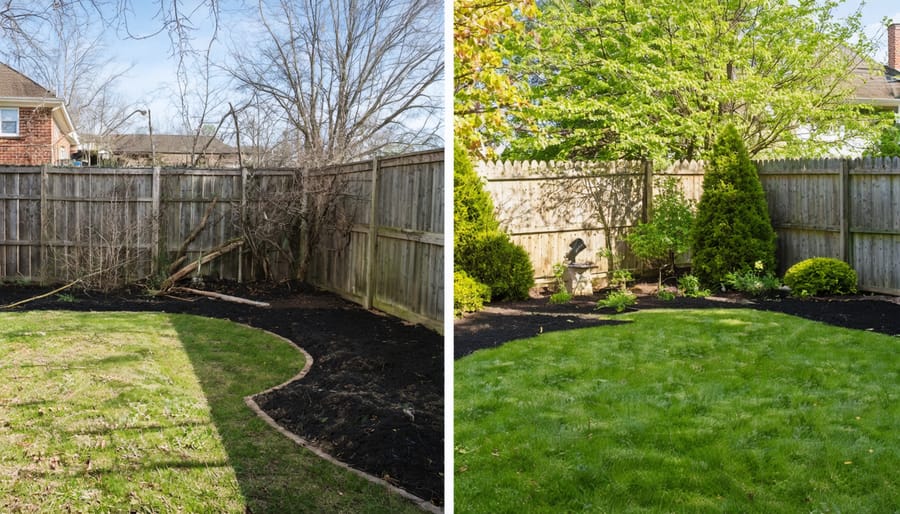 Split-screen image showing a backyard before and after seasonal cleanup, contrasting a winter-damaged yard with a vibrant spring garden.