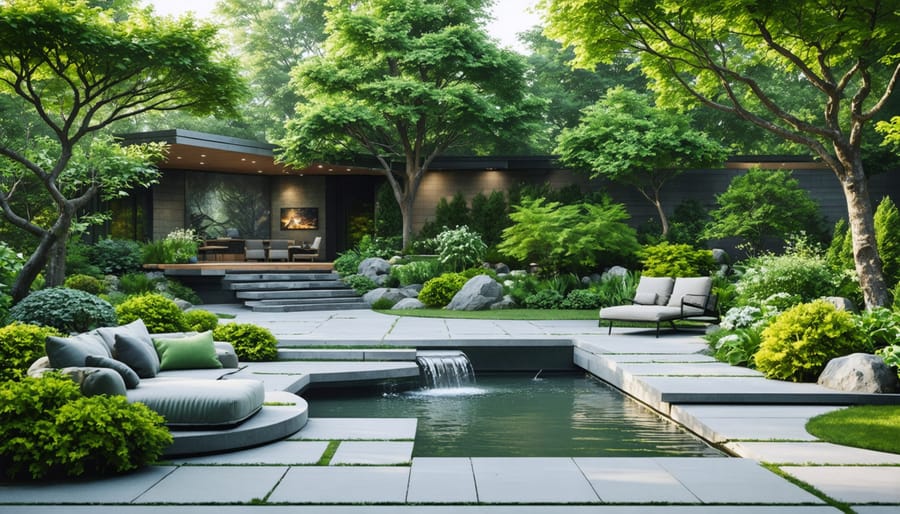 A tranquil backyard office with layered evergreen trees and shrubs, featuring a calming water feature that enhances the peaceful atmosphere and noise reduction.