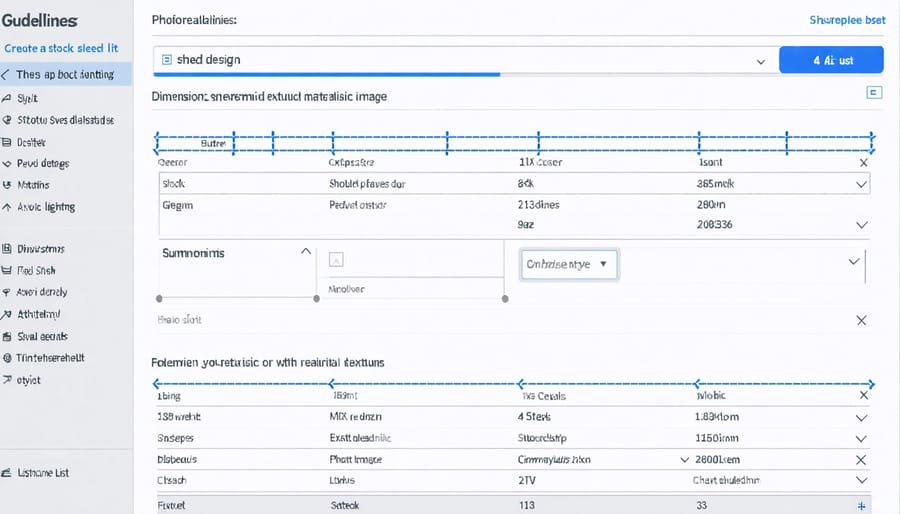 Computer screen displaying shed design software with measurements and materials breakdown