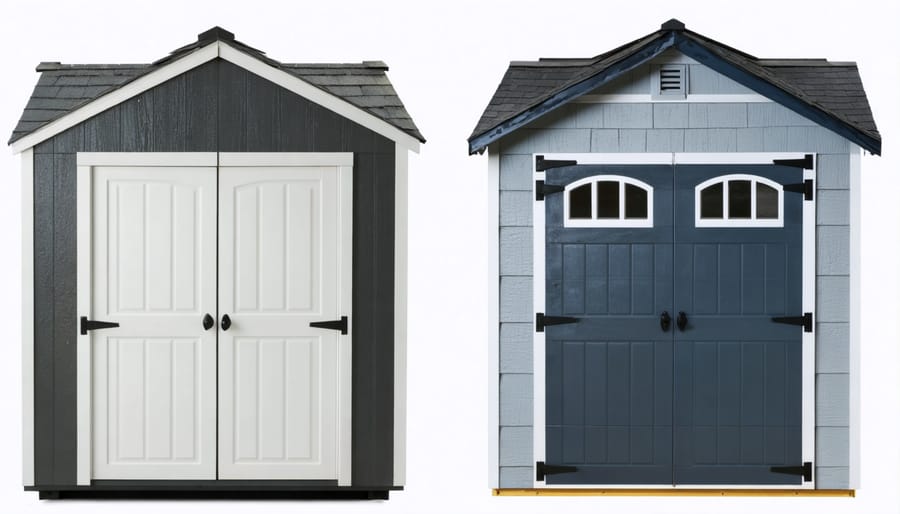 Comparison of storage shed materials showing durability differences in wood, metal, and vinyl construction