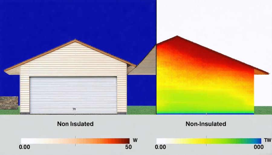Side-by-side thermal image comparison of insulated and non-insulated shed roofs
