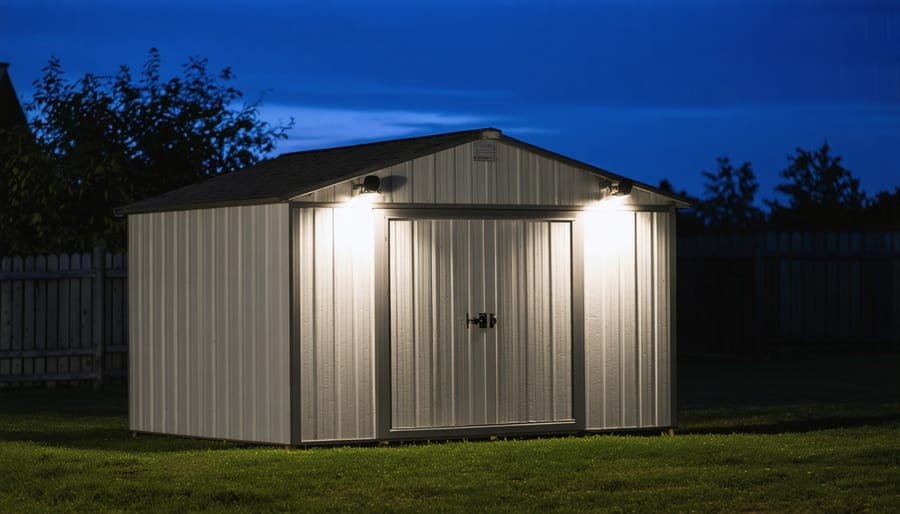 Illuminated three-sided equipment shed with visible security features at night