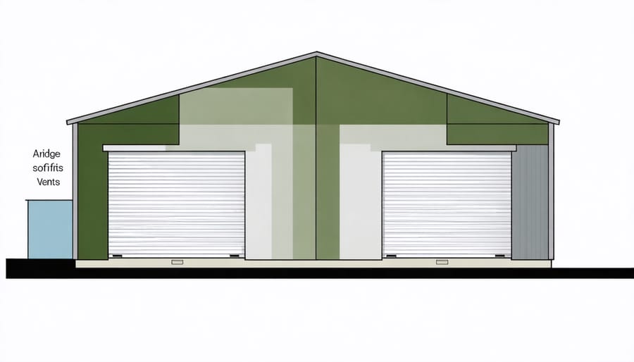 Diagram illustrating how air circulates through a storage shed using ridge vents and soffit ventilation