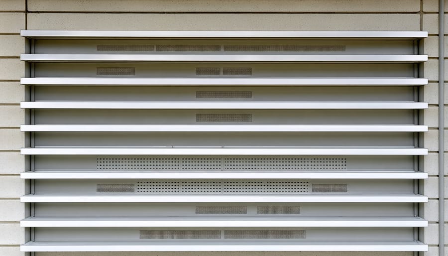Detailed view of outdoor shelf with integrated drainage system and ventilation holes