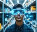 Person wearing advanced AR smart glasses in a storage shed, viewing an augmented reality overlay of tool locations and inventory details projected into their field of vision.