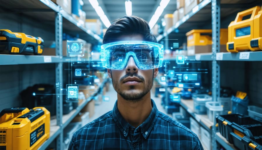 Person wearing advanced AR smart glasses in a storage shed, viewing an augmented reality overlay of tool locations and inventory details projected into their field of vision.