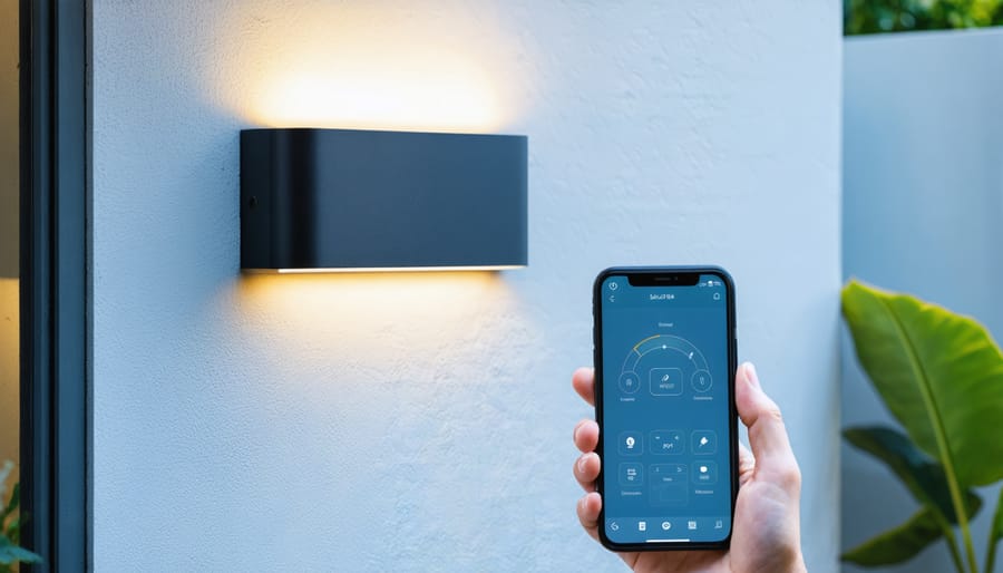 Smart LED outdoor light fixture being controlled through a mobile app