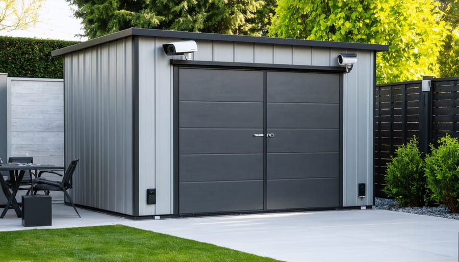 Outdoor storage shed equipped with smart technology including security cameras, motion-activated lighting, and a smart lock.