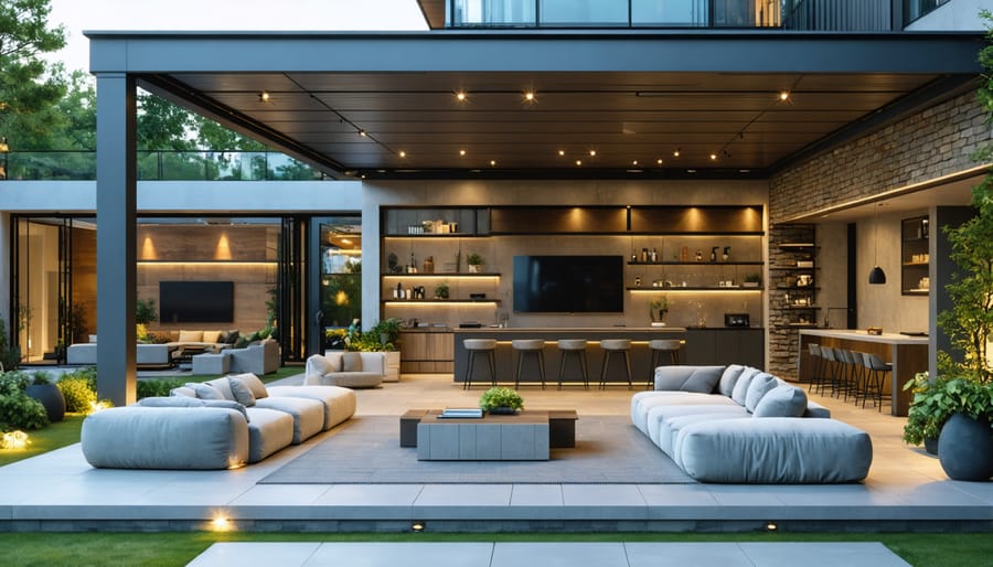 Conceptual image of a stylish patio with smart storage solutions, ambient lighting, and tech-integrated features like retractable awnings and charging stations.