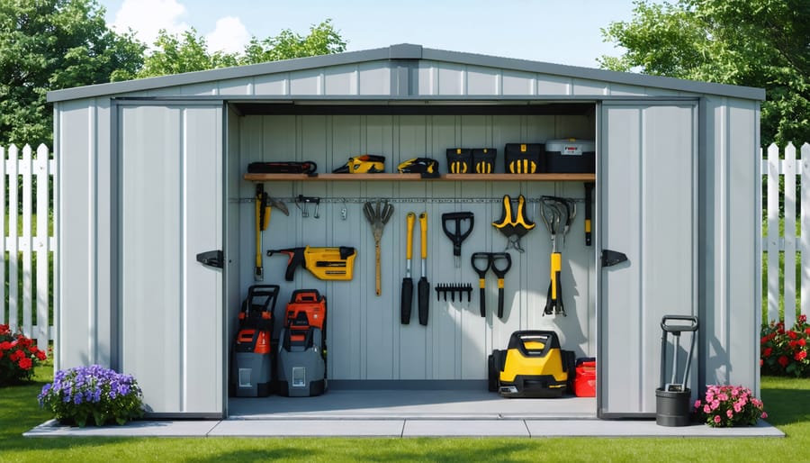Open front view of a 3-sided equipment shed showcasing organized garden tools and security features like locks and lighting.