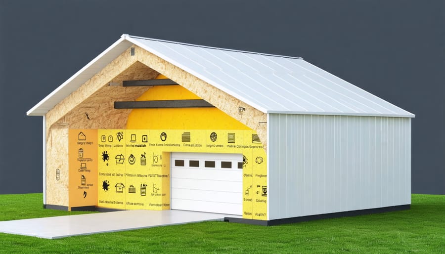 Cross-sectional illustration showing layers of unvented roof insulation in a storage shed, including spray foam and rigid foam boards, representing energy efficiency and moisture control.