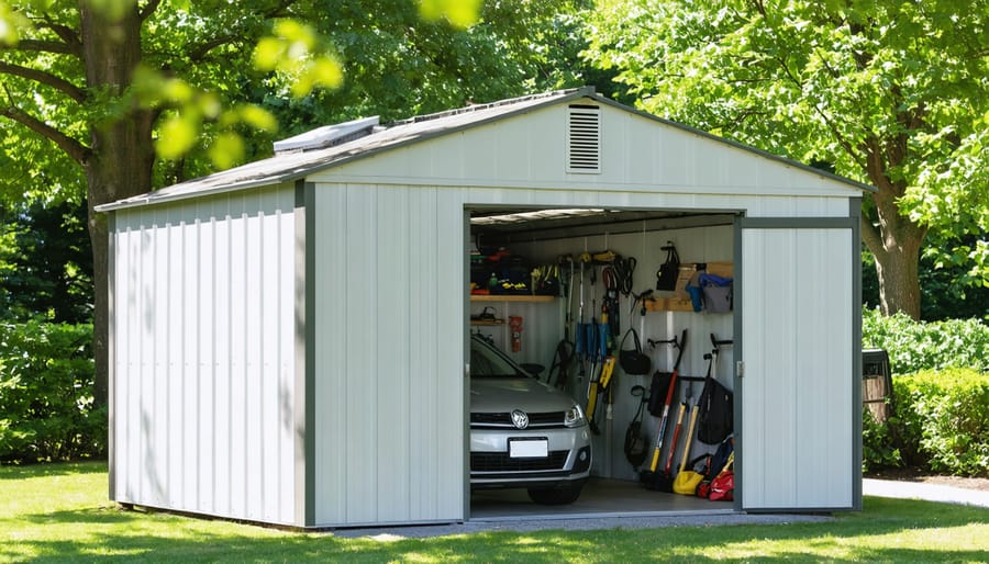 A well-ventilated storage shed surrounded by green trees and sunlight. The shed features visible roof and soffit vents, illustrating effective airflow and protection of stored belongings.