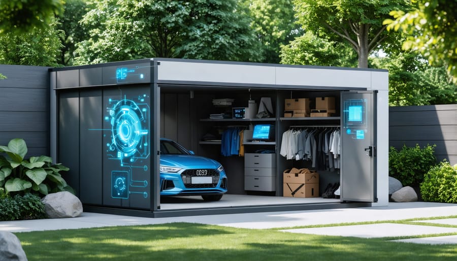 A modern storage structure displaying advanced weather-resistant technology, including smart sensors, moisture-resistant materials, and intelligent ventilation, set in a lush garden environment.