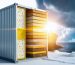 Cross-sectional illustration of a smart storage unit featuring insulation, moisture sensors, and ventilation systems, set against a backdrop of contrasting extreme weather conditions.
