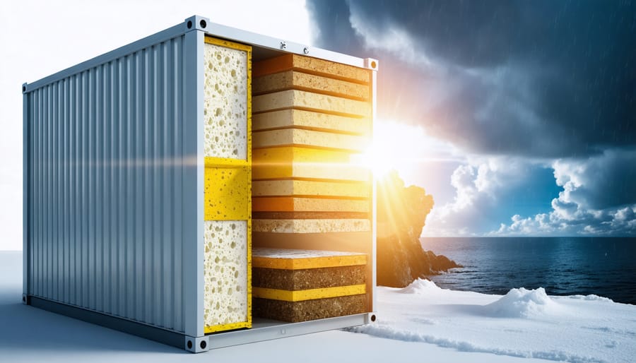 Cross-sectional illustration of a smart storage unit featuring insulation, moisture sensors, and ventilation systems, set against a backdrop of contrasting extreme weather conditions.