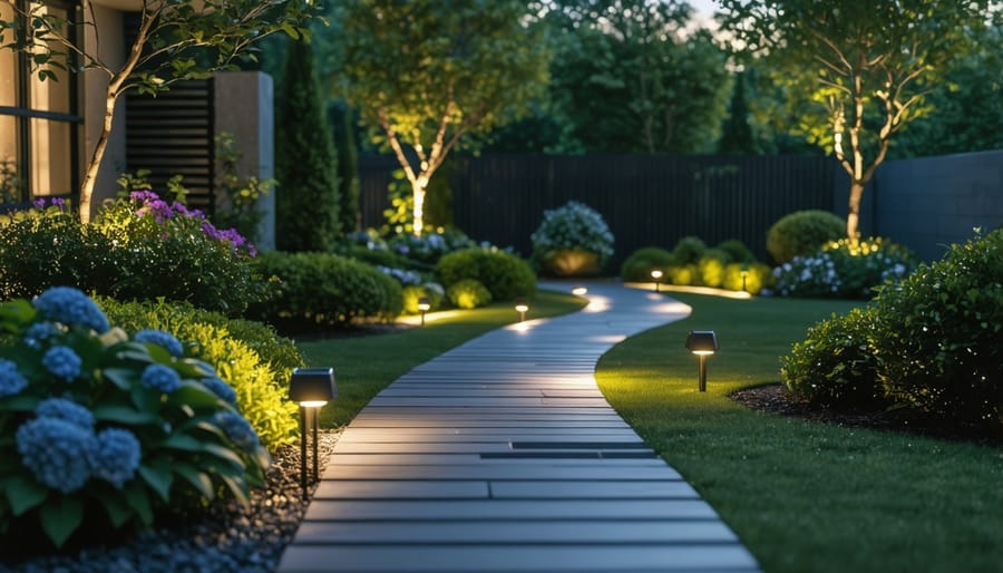 Garden pathway illuminated by modern solar-powered LED lights creating ambient lighting