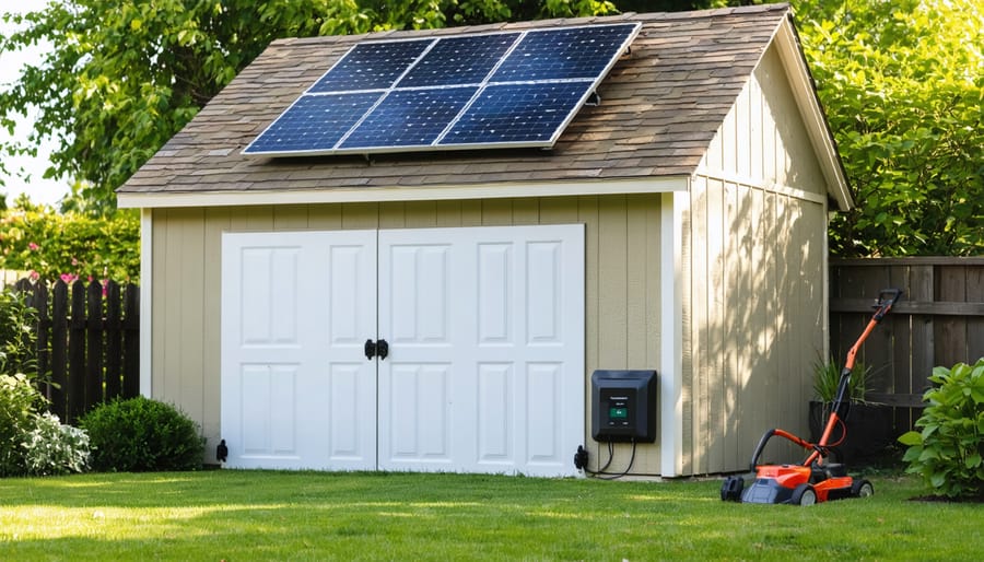 A backyard shed with a solar panel mounted on its roof, connected to an outdoor outlet providing power to a garden tool, surrounded by lush greenery.