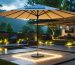 A modern patio with a solar-powered umbrella, showcasing built-in solar panels and illuminated LED lights, surrounded by lush greenery in an evening setting.
