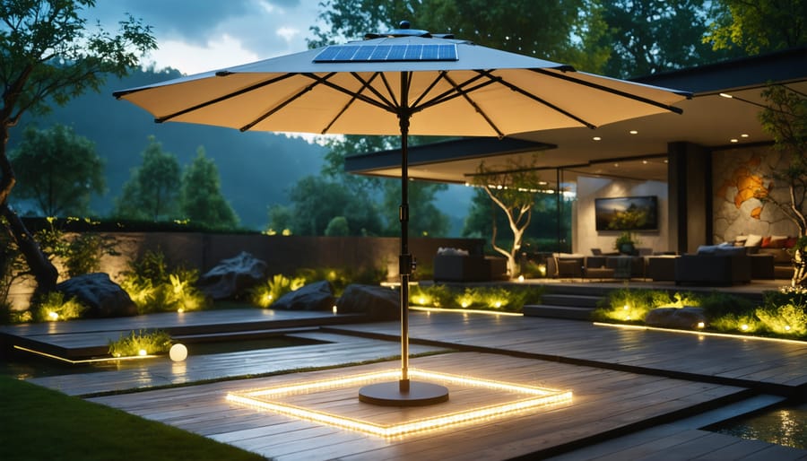 A modern patio with a solar-powered umbrella, showcasing built-in solar panels and illuminated LED lights, surrounded by lush greenery in an evening setting.