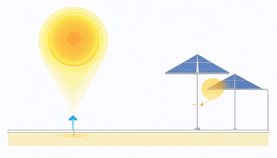 Instructional diagram of solar umbrella placement for maximum efficiency