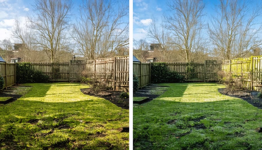 Before and after comparison showing winter damage assessment and spring restoration of a residential garden