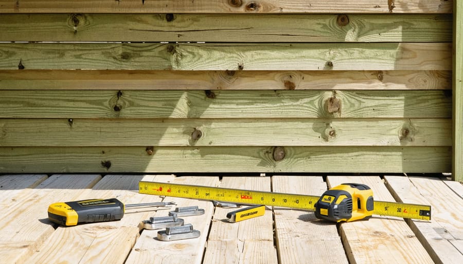 Depiction of a robust wooden shed foundation made of pressure-treated lumber with tools like a level and measuring tape scattered around, illustrating construction strength and durability.