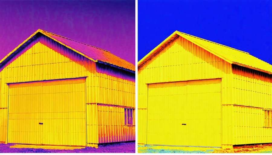 Side-by-side thermal images showing temperature differences between traditional vented and modern unvented shed roofs