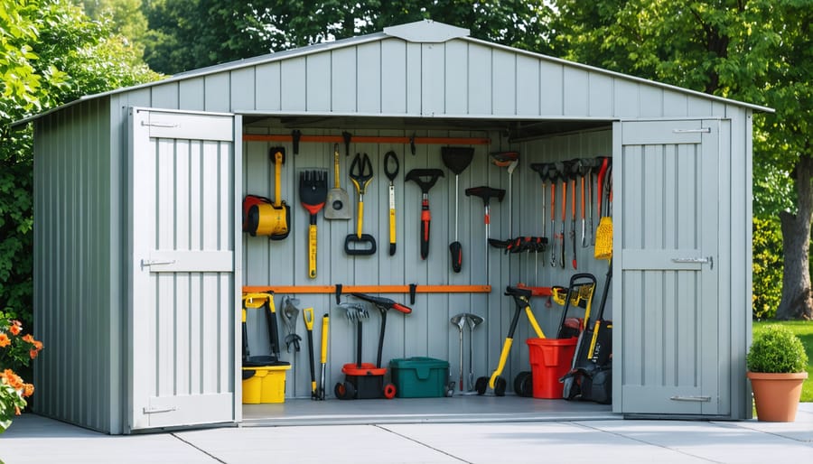 Three-sided garden equipment shed with organized tool storage and open front access