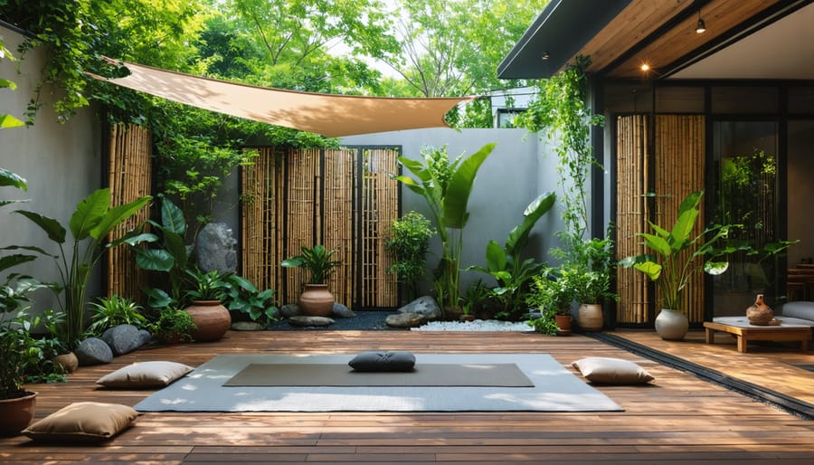 Peaceful backyard yoga and meditation retreat with a wooden deck, bamboo screens, yoga mat, meditation cushions, and retractable shade surrounded by greenery.