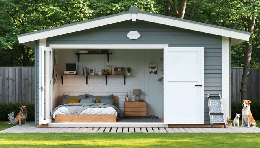 Conceptual illustration of a 3-bedroom shed transformed into a cozy pet-friendly home, showcasing integrated living spaces and pet zones.