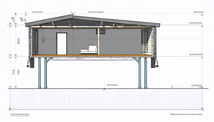 Cross-sectional diagram of a two-level storage shed showing measurements and structural elements
