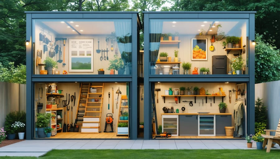 Illustration of a two-level garden shed with transparent walls, showing organized storage zones with heavy tools on the ground level and seasonal items on the upper level, featuring stairs for accessibility.
