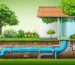 Conceptual image of a backyard showing an underground rainwater storage system with pipes leading from gutters to a hidden tank, highlighting the eco-friendly and money-saving benefits of the setup.