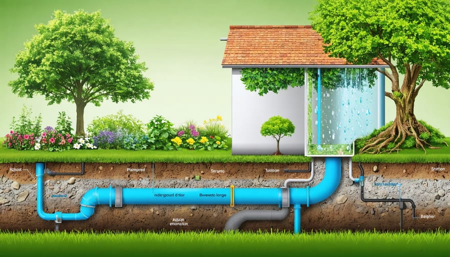 Conceptual image of a backyard showing an underground rainwater storage system with pipes leading from gutters to a hidden tank, highlighting the eco-friendly and money-saving benefits of the setup.