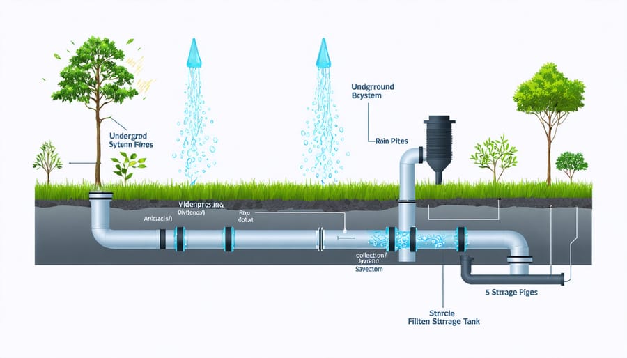 Technical diagram illustrating the layout and components of an underground rainwater collection system