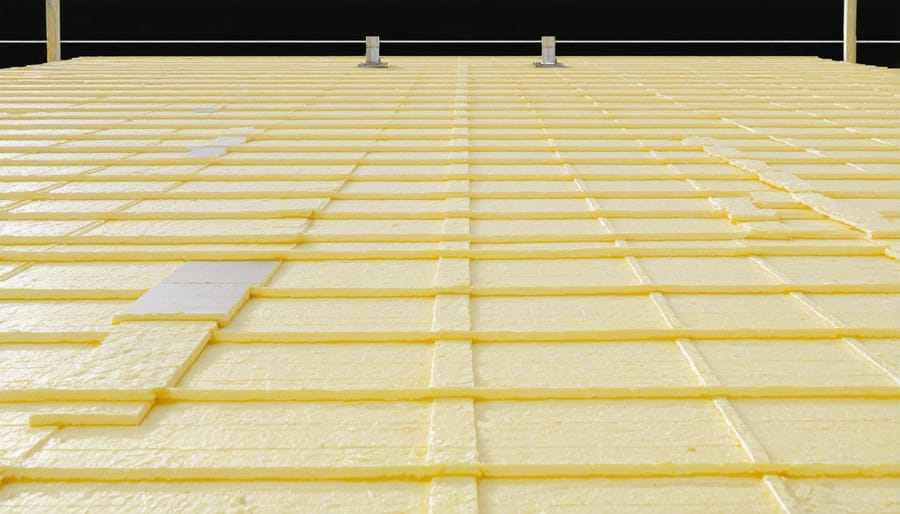 Series of photos showing professional installation steps for unvented roof insulation in a storage shed