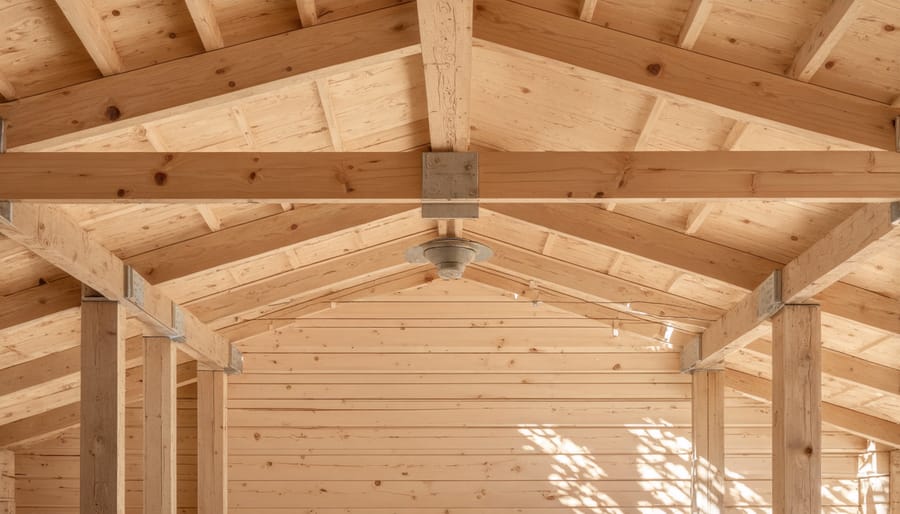 Detailed view of structural support system for shed's second level