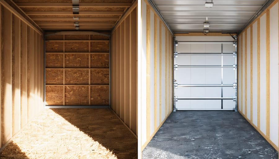 Comparison showing a dry, well-ventilated shed interior versus one with visible moisture damage and mold