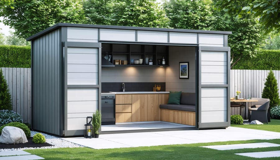 Modern outdoor 7x7 storage shed with fold-down serving counter, integrated bench seating, and decorative wall panels, set in a beautifully landscaped backyard.
