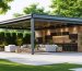 Modern outdoor space with a 3-sided enclosure, featuring a comfortable seating area open to a garden view.