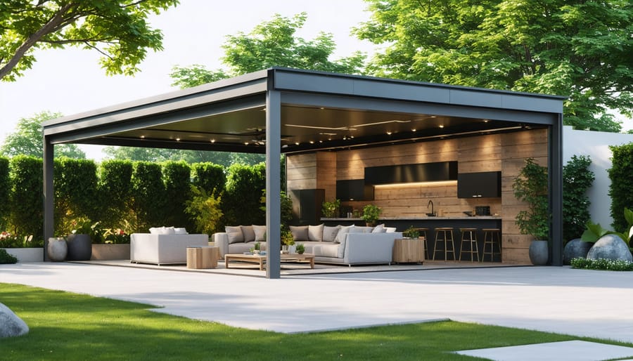 Modern outdoor space with a 3-sided enclosure, featuring a comfortable seating area open to a garden view.