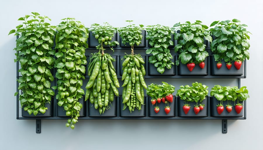 Vertical garden trellis system with integrated tool storage and growing edible plants