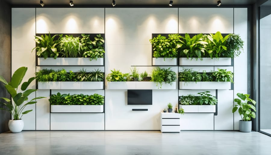 Modern vertical storage system with plants and concealed technology storage