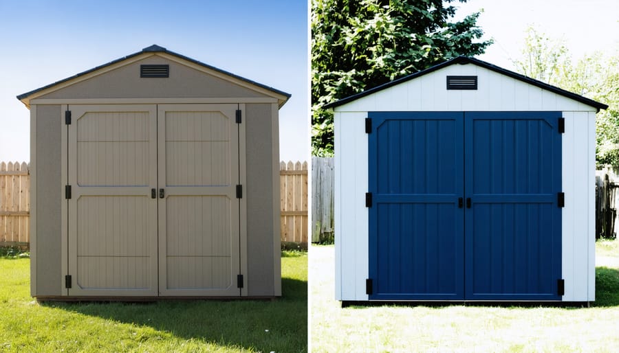 Side-by-side comparison of a vinyl shed before and after painting, demonstrating dramatic improvement