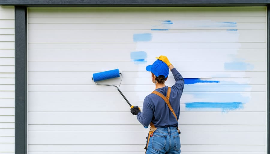 Correct painting technique being demonstrated on vinyl shed surface